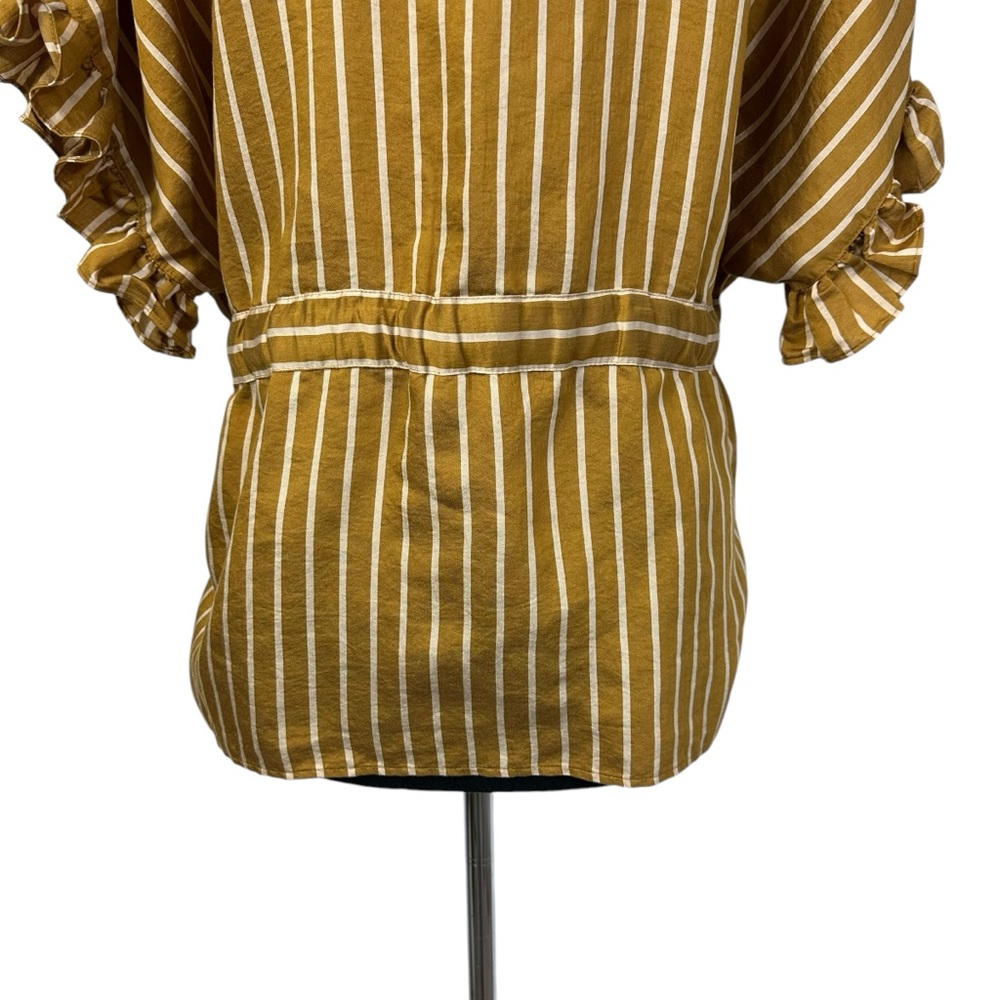 ZARA Gold Stripe Tie Front Blouse Size S Ruffle Sleeve Button Up Top - Picture 8 of 11